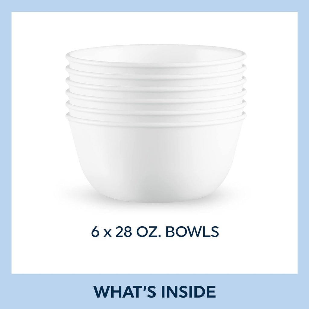 Corelle Vitrelle 28-oz Soup/Cereal Bowls Set of 6 Chip & Crack Resistant Dinnerware Bowls for Soup  Ramen  Cereal and More  Triple Layer Glass  Winter Frost White