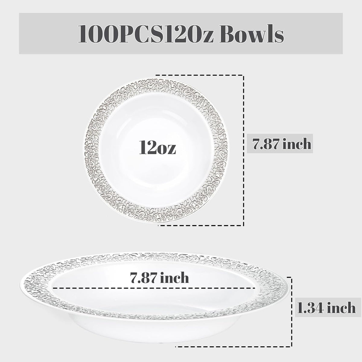 I00000 100 Silver Plastic Bowls  12 oz Disposable Bowls  Premium Disposable Heavy Duty Plastic Bowl for Birthday  Wedding & Party