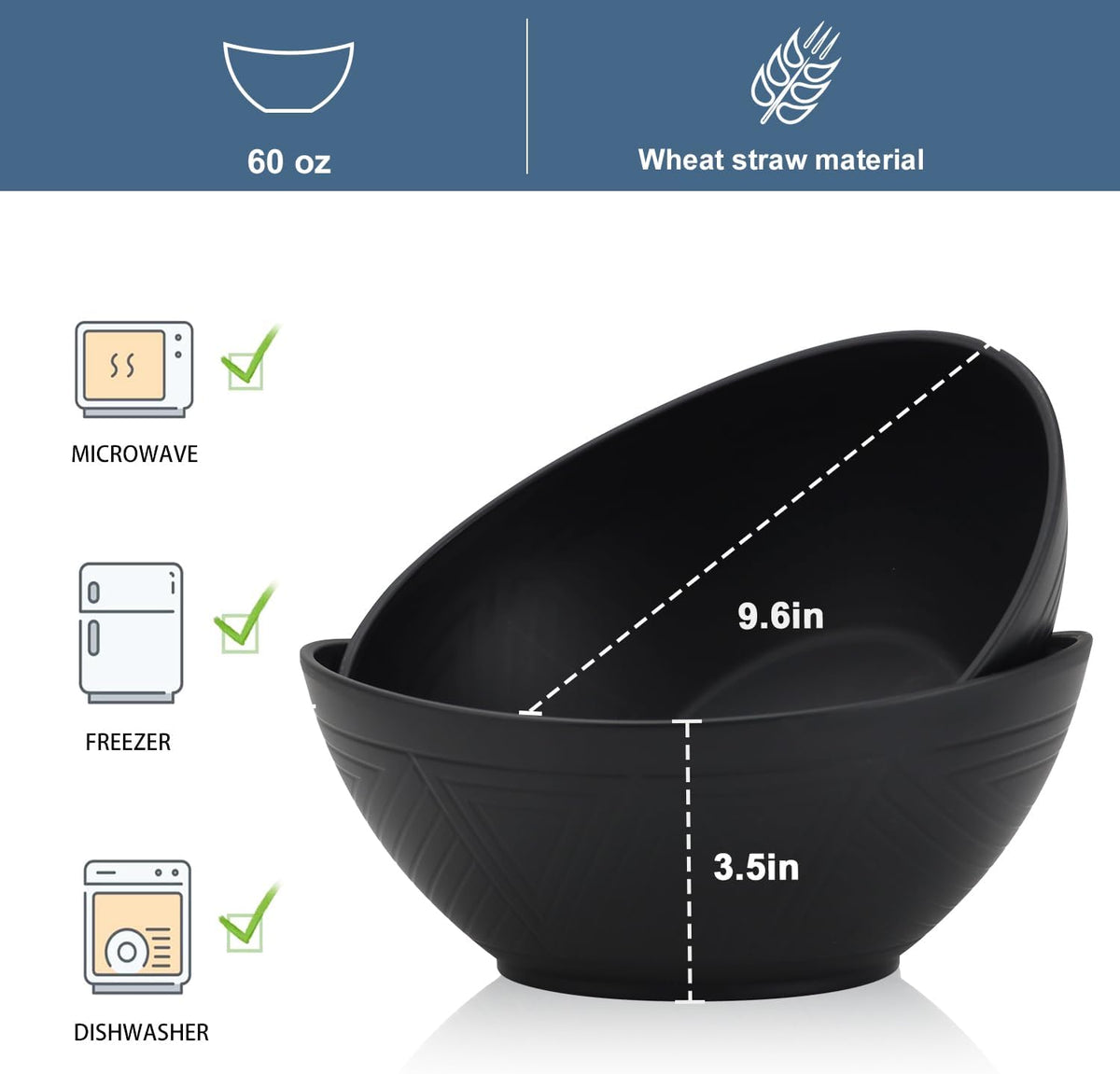 Wrova 65oz Big Wheat Straw Bowls - Large Salad Bowls set of 6 - Unbreakable Serving Bowls - Microwave & Dishwasher Safe - Oval Bowls for Cereal Salad Fruit - Pure Black