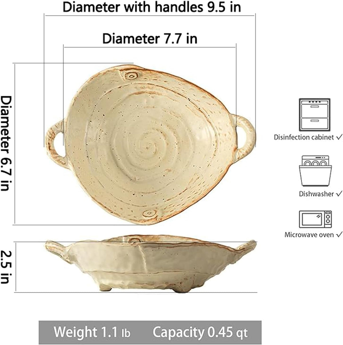 Free-Form Edge Small Ceramic Bowl with Handles  Retro Distressed Style Glazed for Fruit Bowl Salad Bowl Table Centerpiece Decor