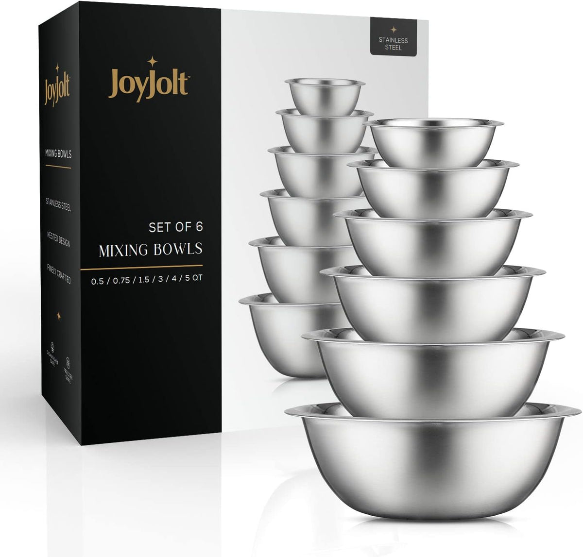 JoyJolt Stainless Steel Mixing Bowl Set - 6 Piece Nesting Bowls  5qt to 0.5qt  Ideal for Kitchen  Cooking  Baking and Storage