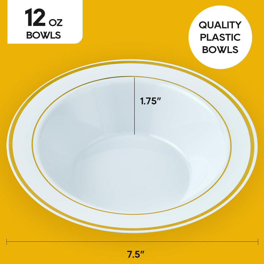 JOLLY PARTY 50PCS Plastic Bowls with Gold Rim-12oz disposable Soup Bowls  Christmas Thanksgiving Premium Dessert Salad Bowl for Wedding/Party