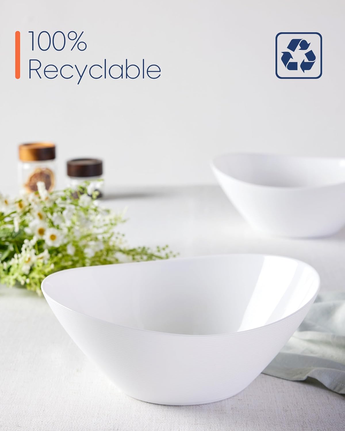 66 OZ Salad Bowl Set of 2  Opal Glass 10 inch Lightweight Serving Dishes for Salad  Fruit  Kitchen Microwave & Dishwasher Safe  Oval Shape White