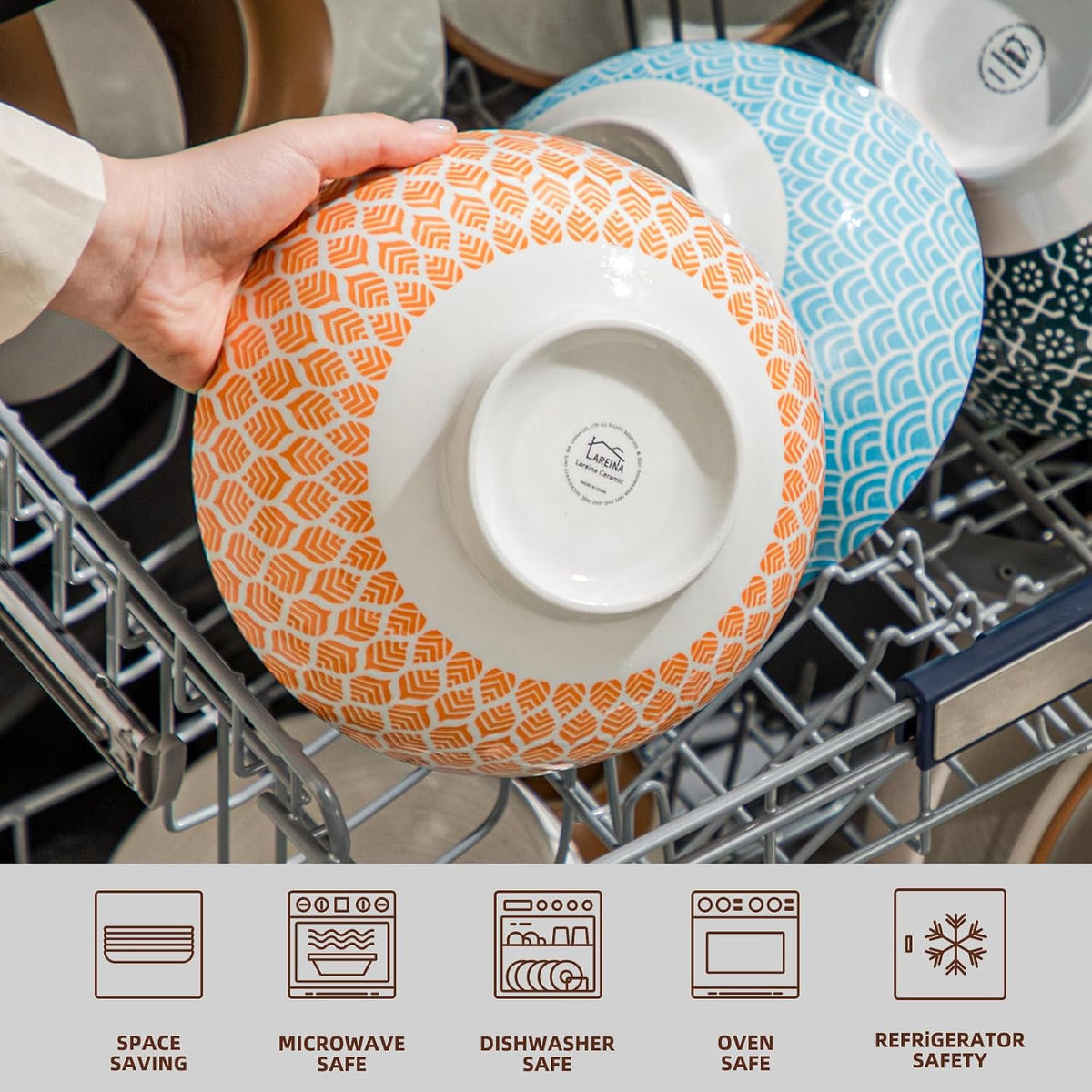 Large Serving Bowls - 60 oz Ceramic Salad Bowl - 8 Inch Serving Bowl Set - Big Soup Bowl For Kitchen - Microwave & Dishwashers Safe - Pho Fruit Pasta Popcorn Bowl - Set of 3