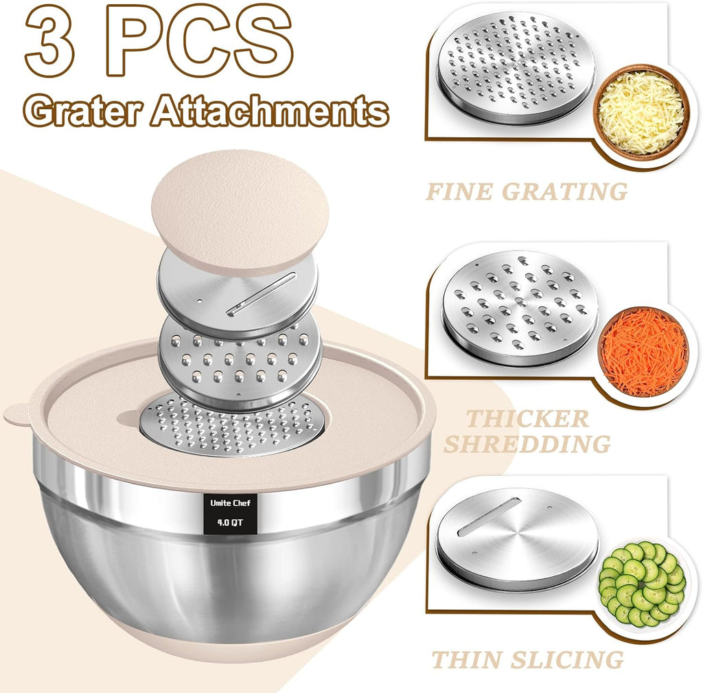 Umite Chef Mixing Bowls with Airtight Lids Set  8PCS Stainless Steel Khaki Nesting Bowls with Grater Attachments  Kitchen Bowls with Non-Slip Bottoms  Size 5  4  3.5  2  1.5QT for Mixing & Serving