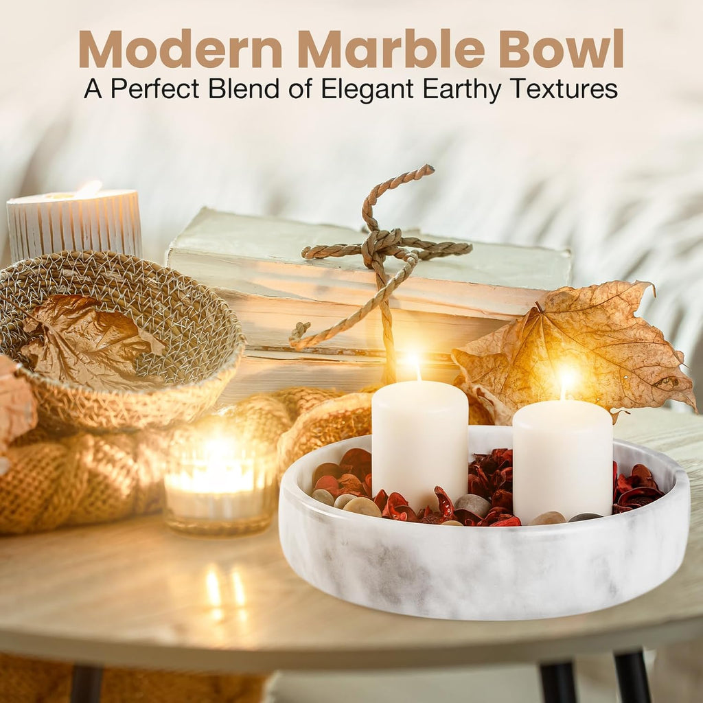 Marble Decorative Bowl - 7.5" White/Grey Solid Marble Centerpiece - Handmade Stone Fruit Bowl - Catch-All or Key Bowl for Kitchen - Modern Minimalist Decor