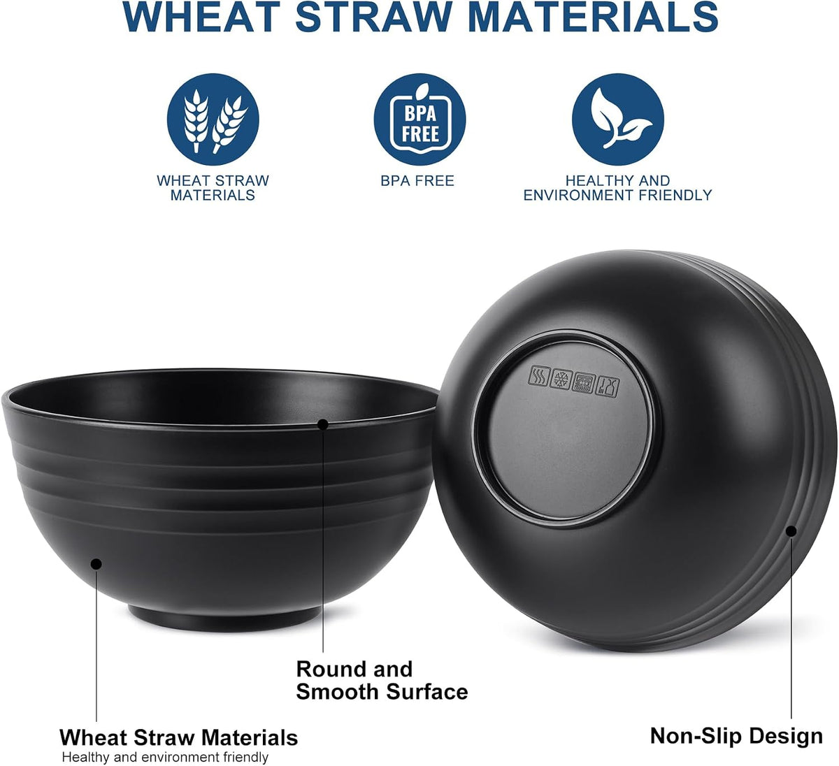 HOTEC BPA Free Unbreakable Wheat Straw Cereal Bowls - Microwave & Dishwasher Safe Soup and Salad Bowls  Set of 8  26oz  Black