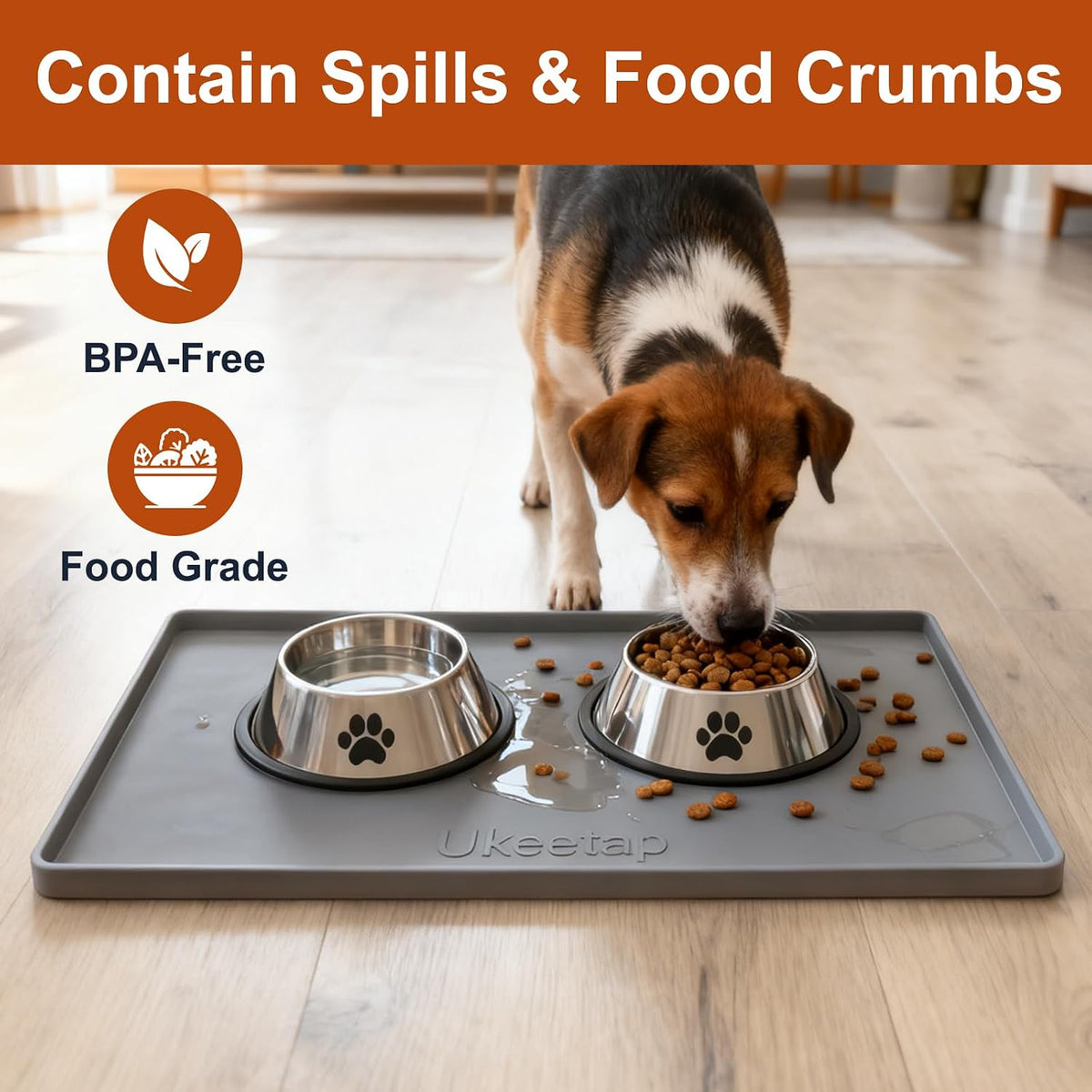 19” x 12” Extra Thick Waterproof Silicone Mat with Raised Edge  BPA Free Non-Slip Dog & Cat Food Mat  Feeding Mat for Food and Water Bowls  Spill Proof Mat to Protect Floors  Gray